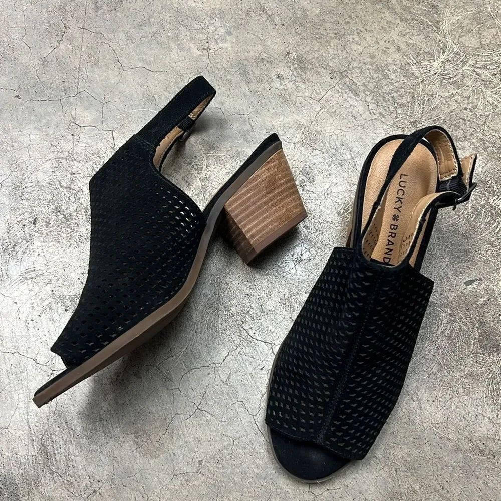 Lucky brand, black eyelet, suede heels
